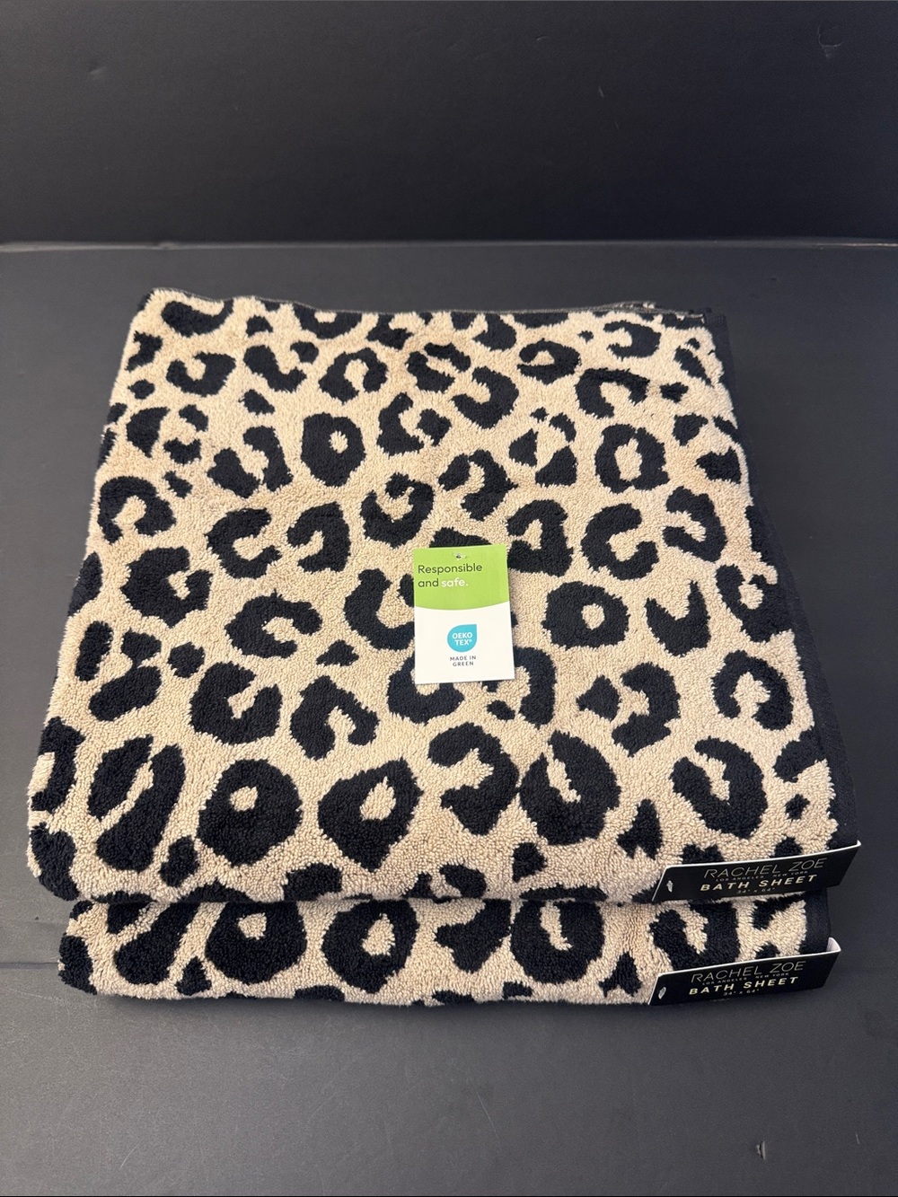 2pc RACHEL ZOE 100% Cotton Reversible Cheetah Animal Print Bath Sheet Towel